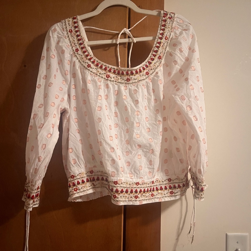Anthropologie White Blouse with Pink Dot Print and Embroidered Trim